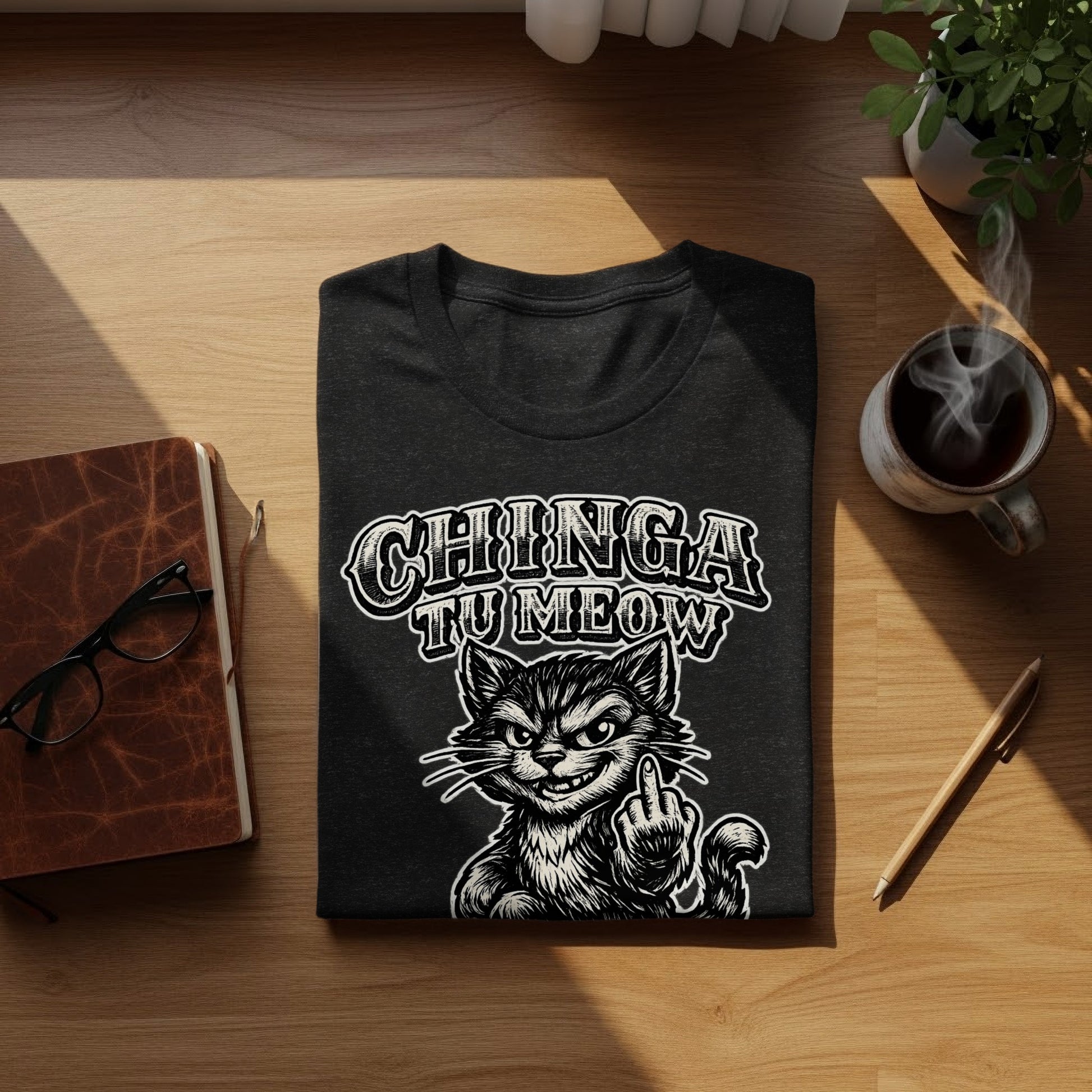Chinga Tu Meow cat flipping middle finger funny product type