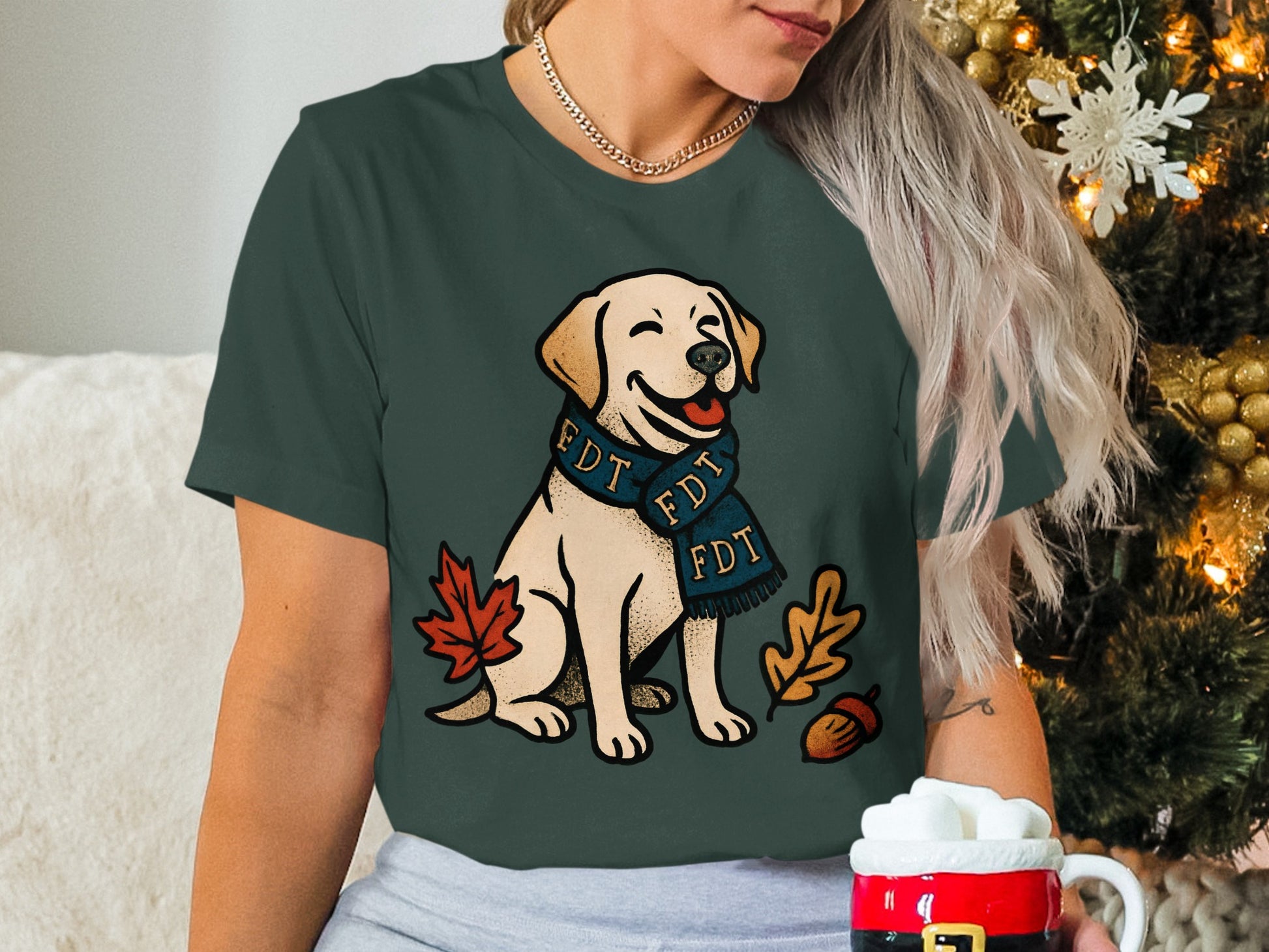 Happy Dog with Fall Leaves Graphic T-Shirt