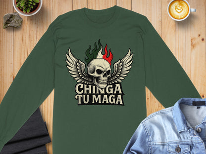 Chinga Tu Maga Winged Skull Graphic Design Shirt
