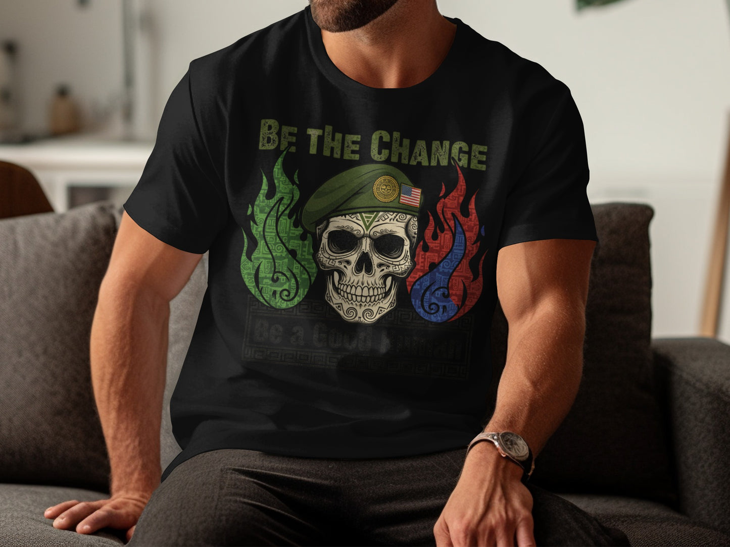 Be The Change Skull with Flames Graphic T-Shirt