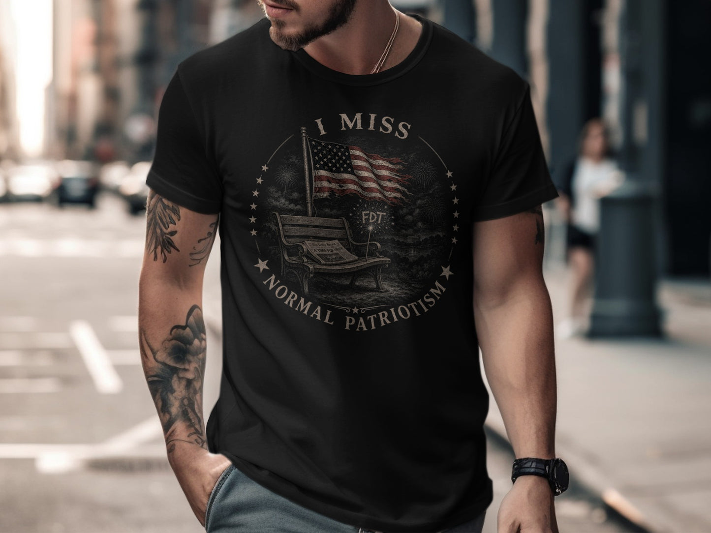 Black t-shirt with "I MISS NORMAL PATRIOTISM FDT" and American flag design.
