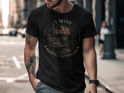 Black t-shirt with "I MISS NORMAL PATRIOTISM FDT" and American flag design.
