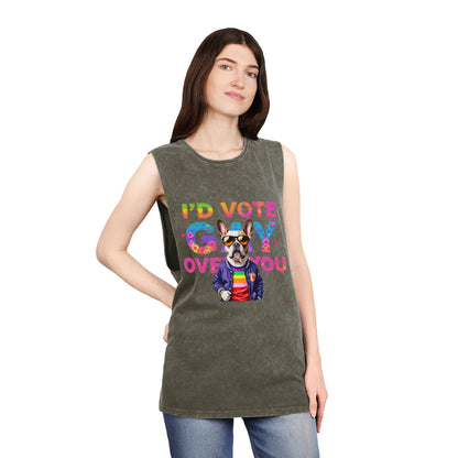 Unisex Stonewash Tank Top - 'I'd Vote Gay Over You' Dog Design