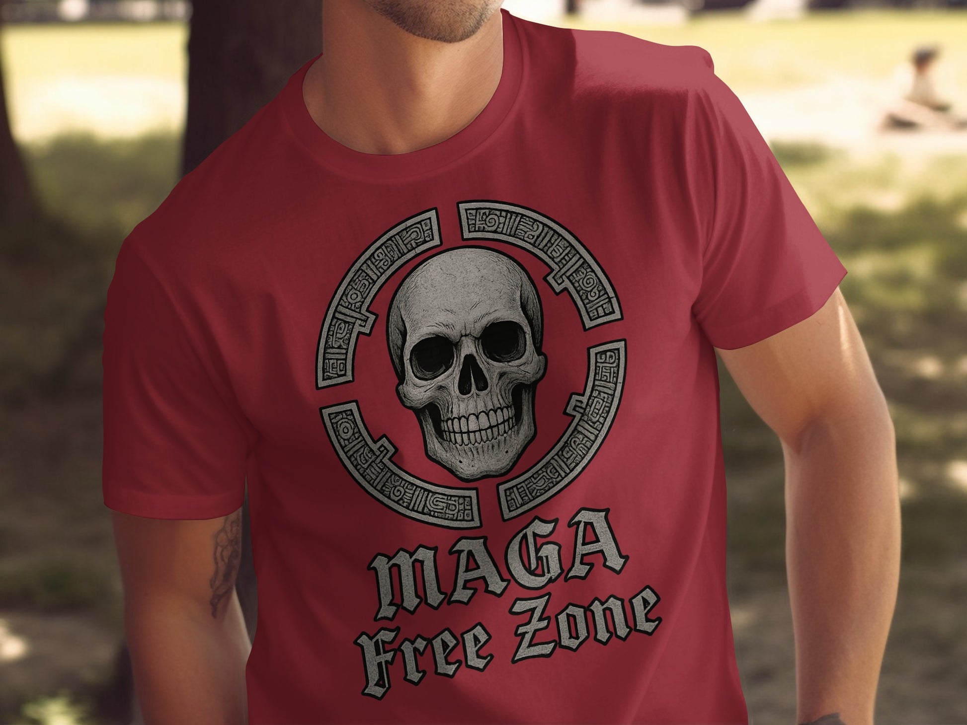 Red T-Shirt Featuring Skull with MAGA Free Zone Text