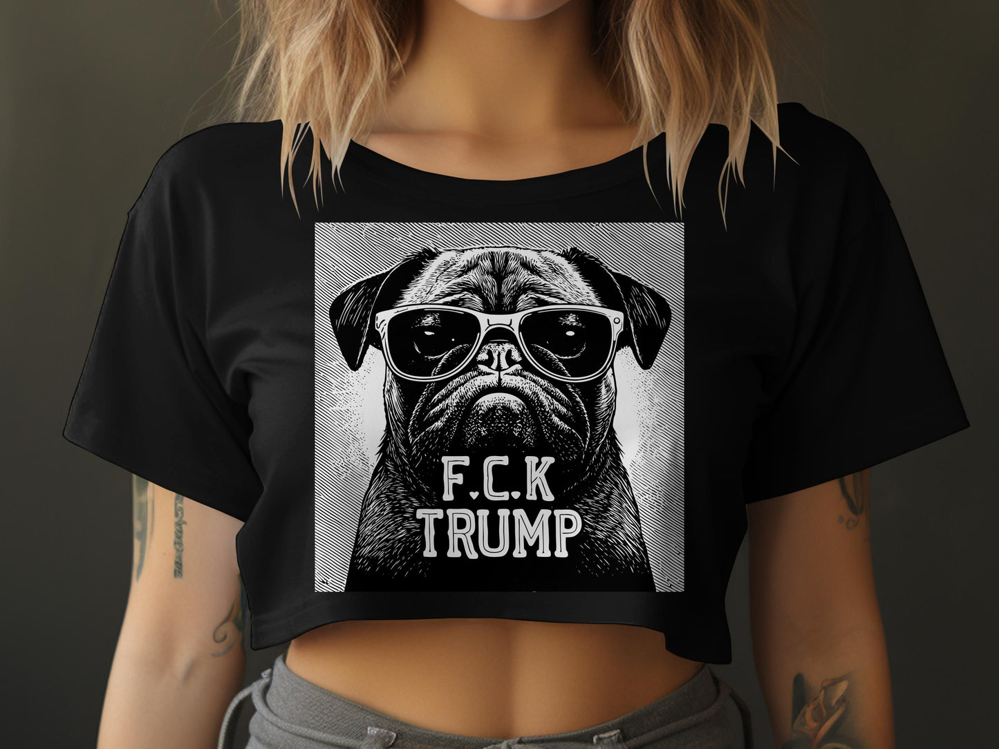 FCK TRUMP Pug Wearing Sunglasses Cropped T-Shirt product