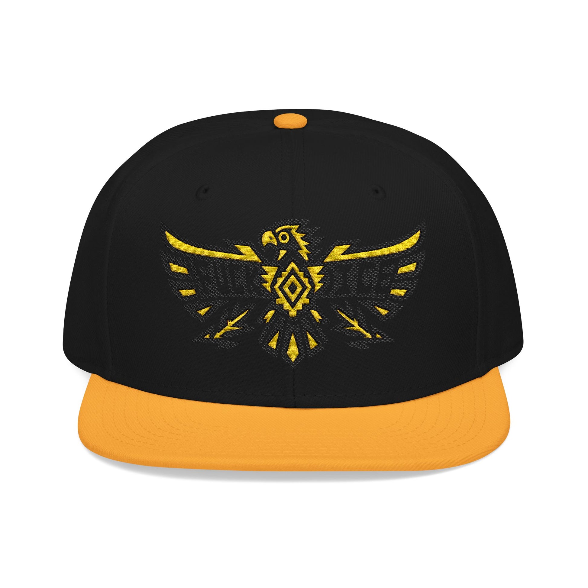 Black snapback hat with yellow eagle emblem and orange brim.