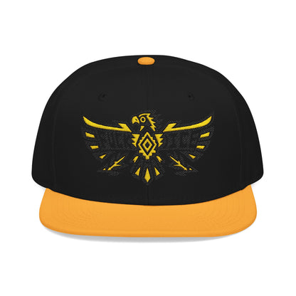 Black snapback hat with yellow eagle emblem and orange brim.