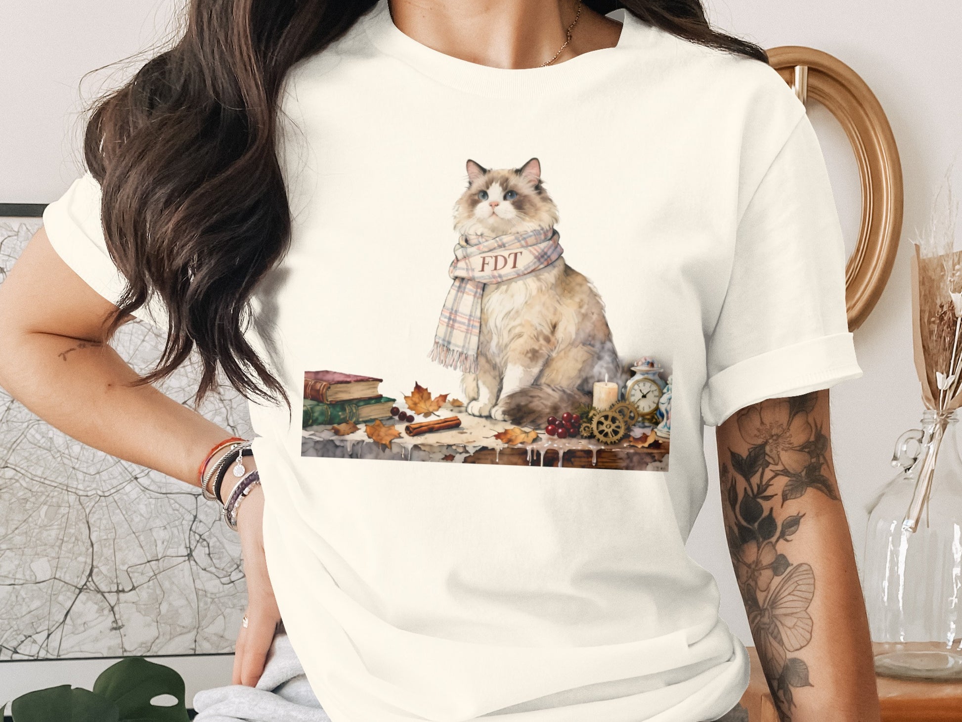 Cute Cartoon Cat Wearing Scarf Autumn Themed T-Shirt