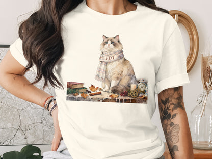 Cute Cartoon Cat Wearing Scarf Autumn Themed T-Shirt