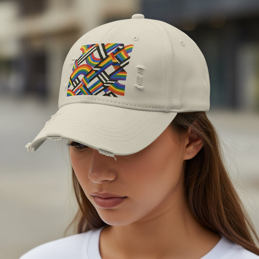 Distressed Beige Hat with Vibrant Abstract Design product type