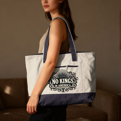Tote bag with "No Kings in America" text and crown graphic.