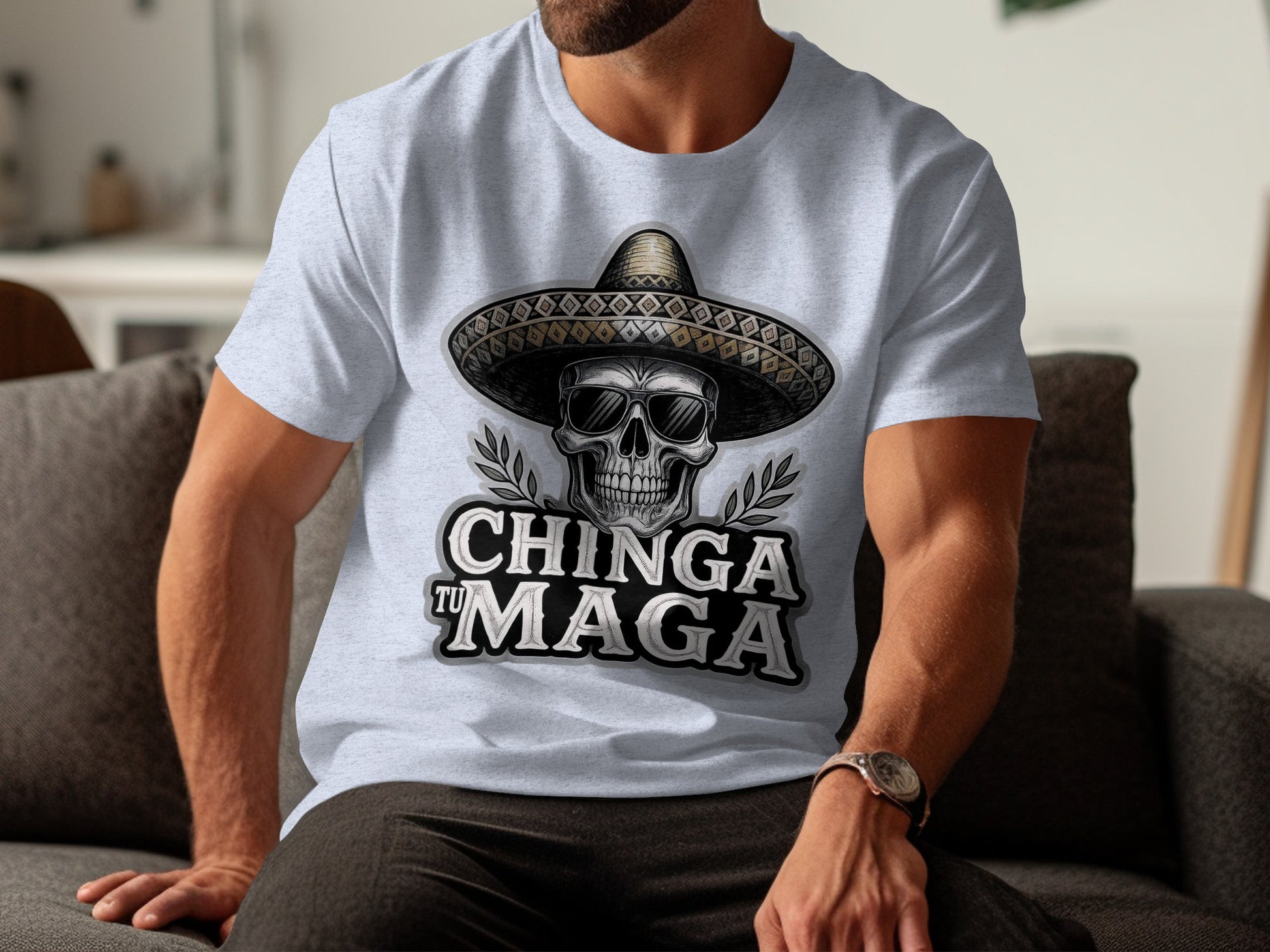 Chinga Tu Maga Skull Sombrero Graphic Tee Shirt Product