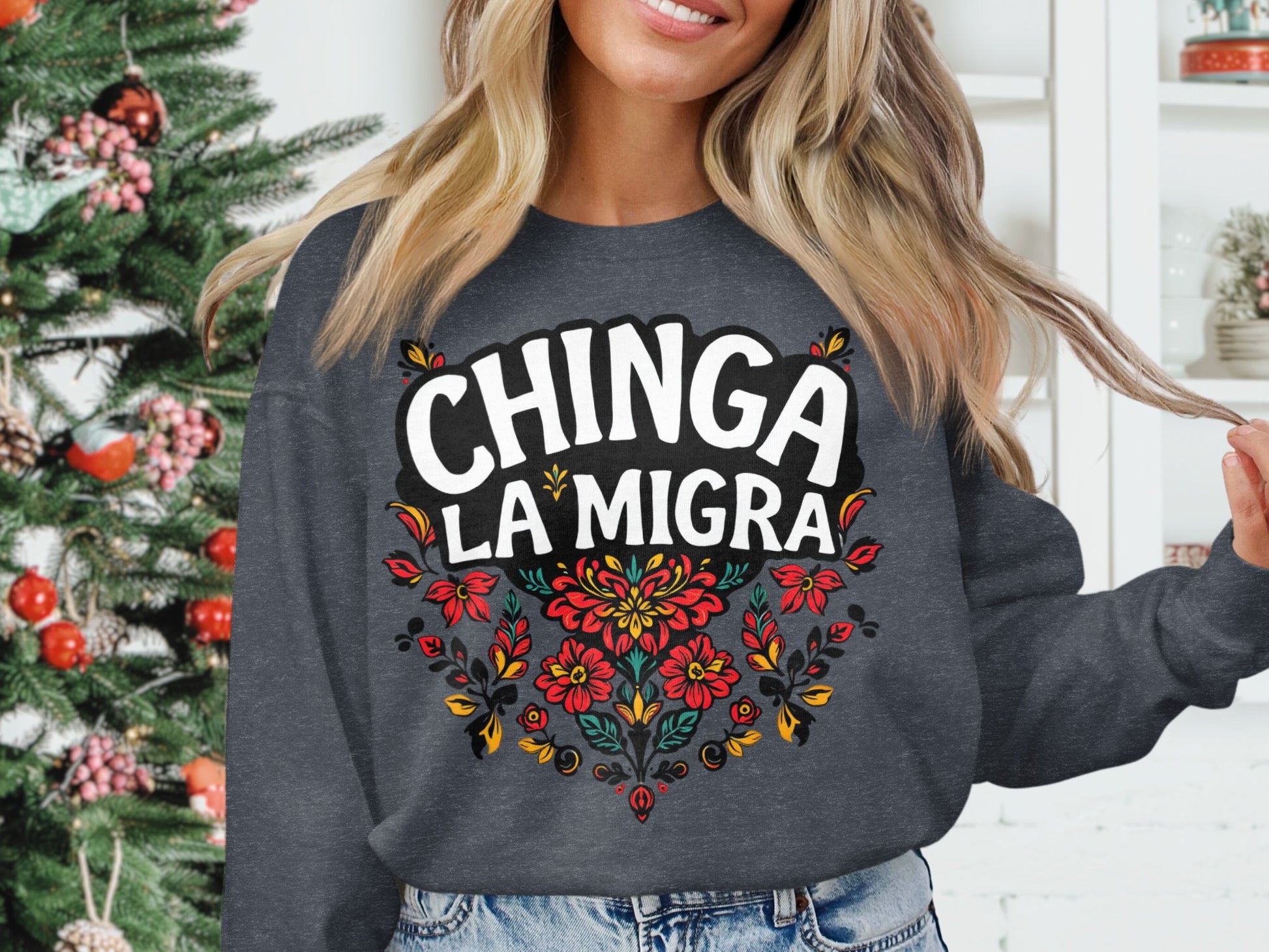 Chinga La Migra Graphic Floral Design Sweatshirt product