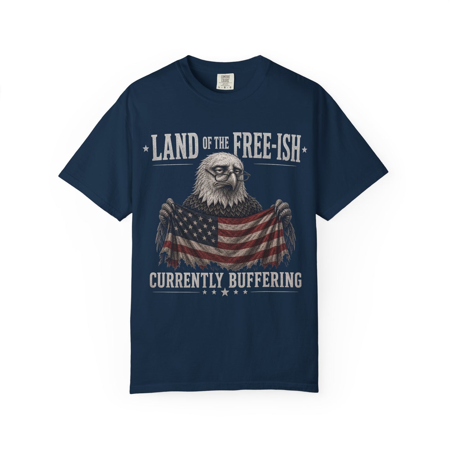 Eagle wearing glasses holds American flag that reads "LAND OF THE FREE-ISH".