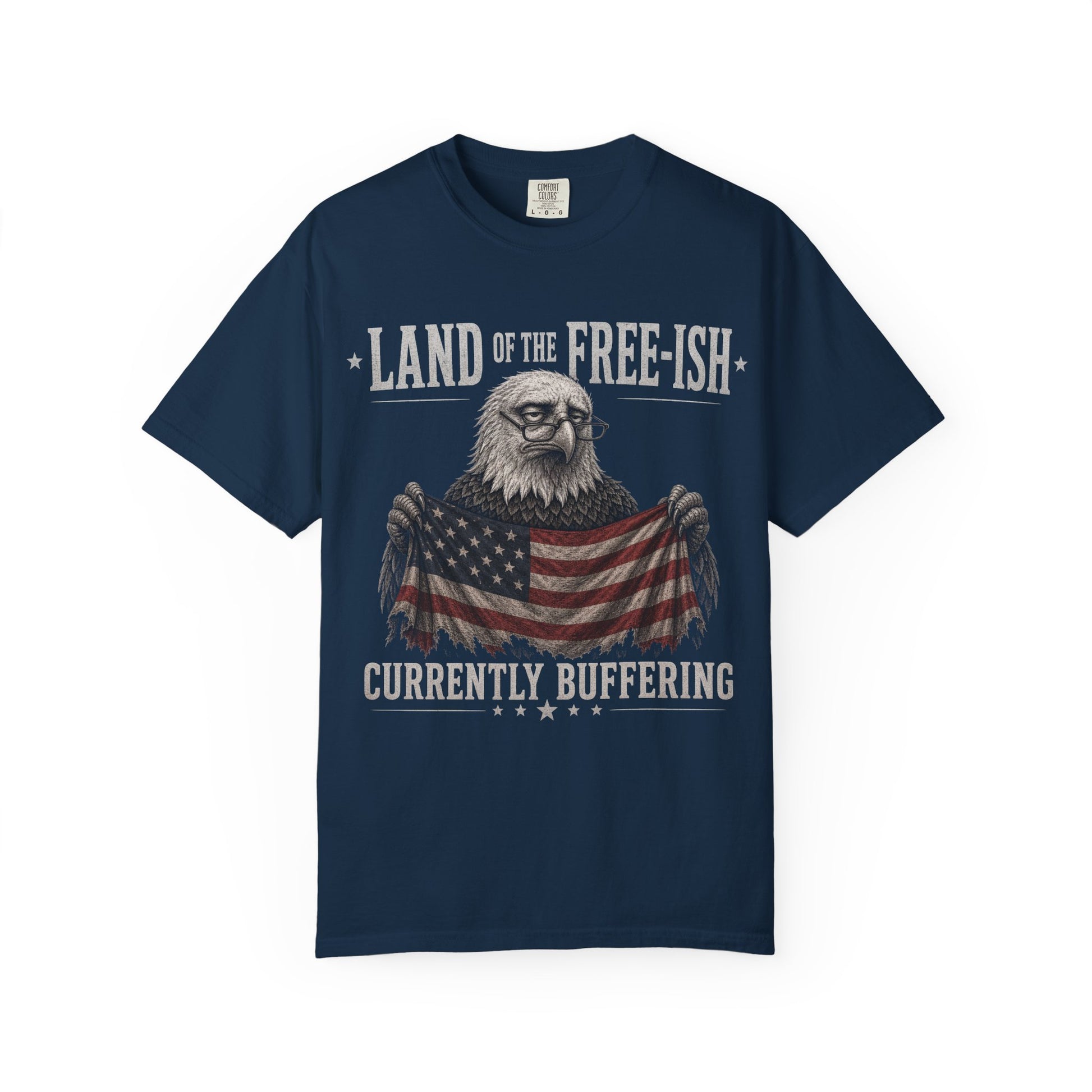 Eagle wearing glasses holds American flag that reads "LAND OF THE FREE-ISH".