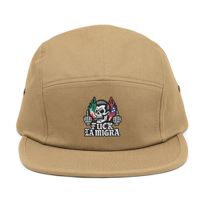 Fuck La Migra Hat Embroidered 5-Panel Cap — Skull with Mexican Flag Accent (Explicit Text)