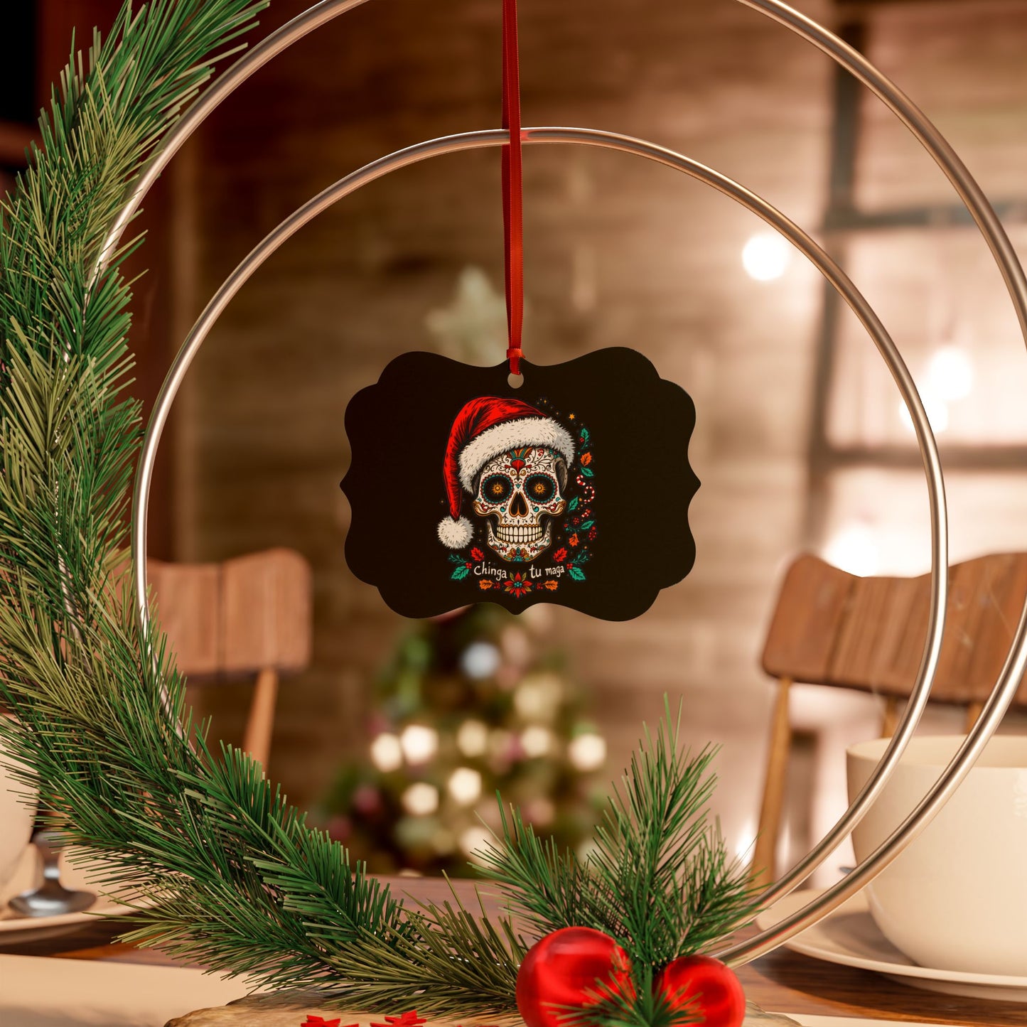 Day of the Dead Skull Christmas Ornament — Aluminum Holiday Decoration