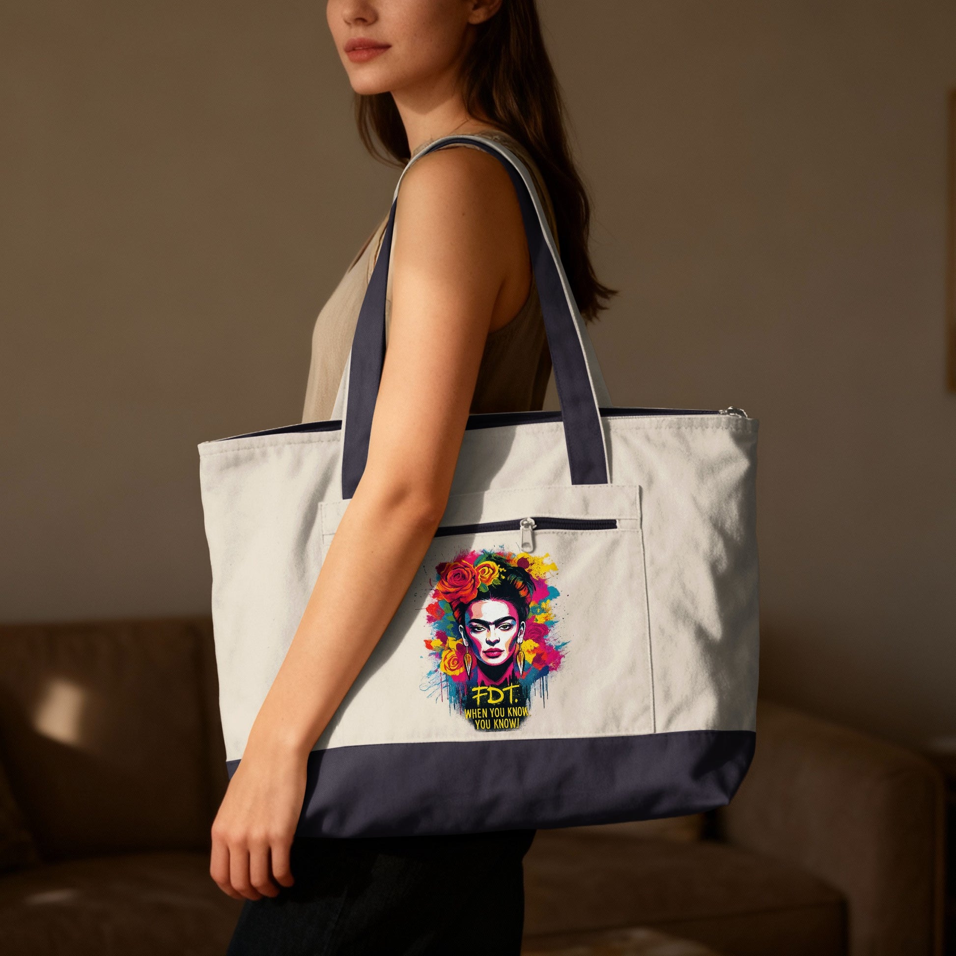 Tote bag with Frida Kahlo portrait and colorful floral accents.