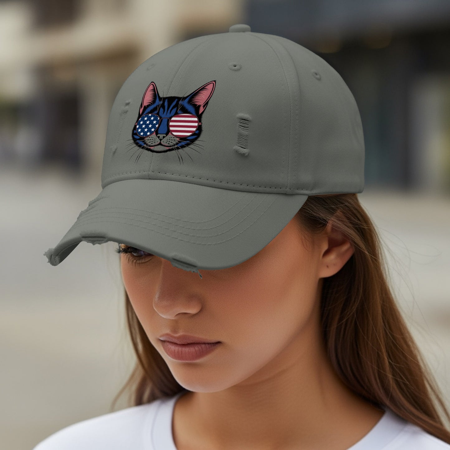 American Flag Cat Embroidered Grey Distressed Hat product