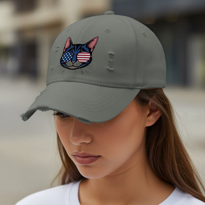 American Flag Cat Embroidered Grey Distressed Hat product