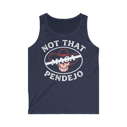 Navy tank top with "NOT THAT MAGA PENDEJO" text and a skull wearing a cowboy hat.