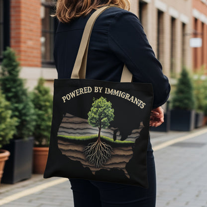 Black tote bag with "POWERED BY IMMIGRANTS" and tree with roots over US map.