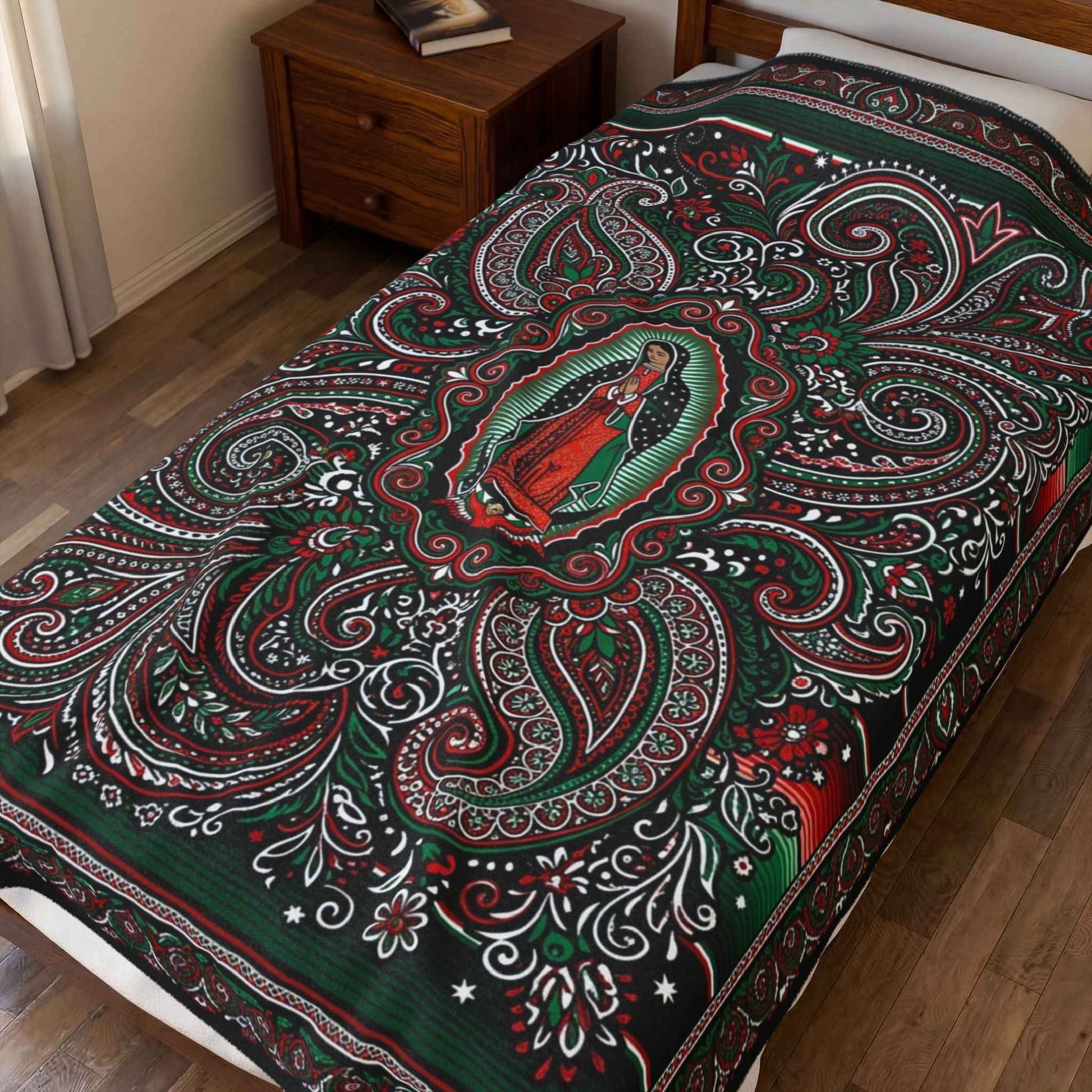 Virgen de Guadalupe Blanket, Sacred Art Throw, Mexican Folk Art Decor, Intricate Paisley Design, Spiritual Home Accent, Religious Gift