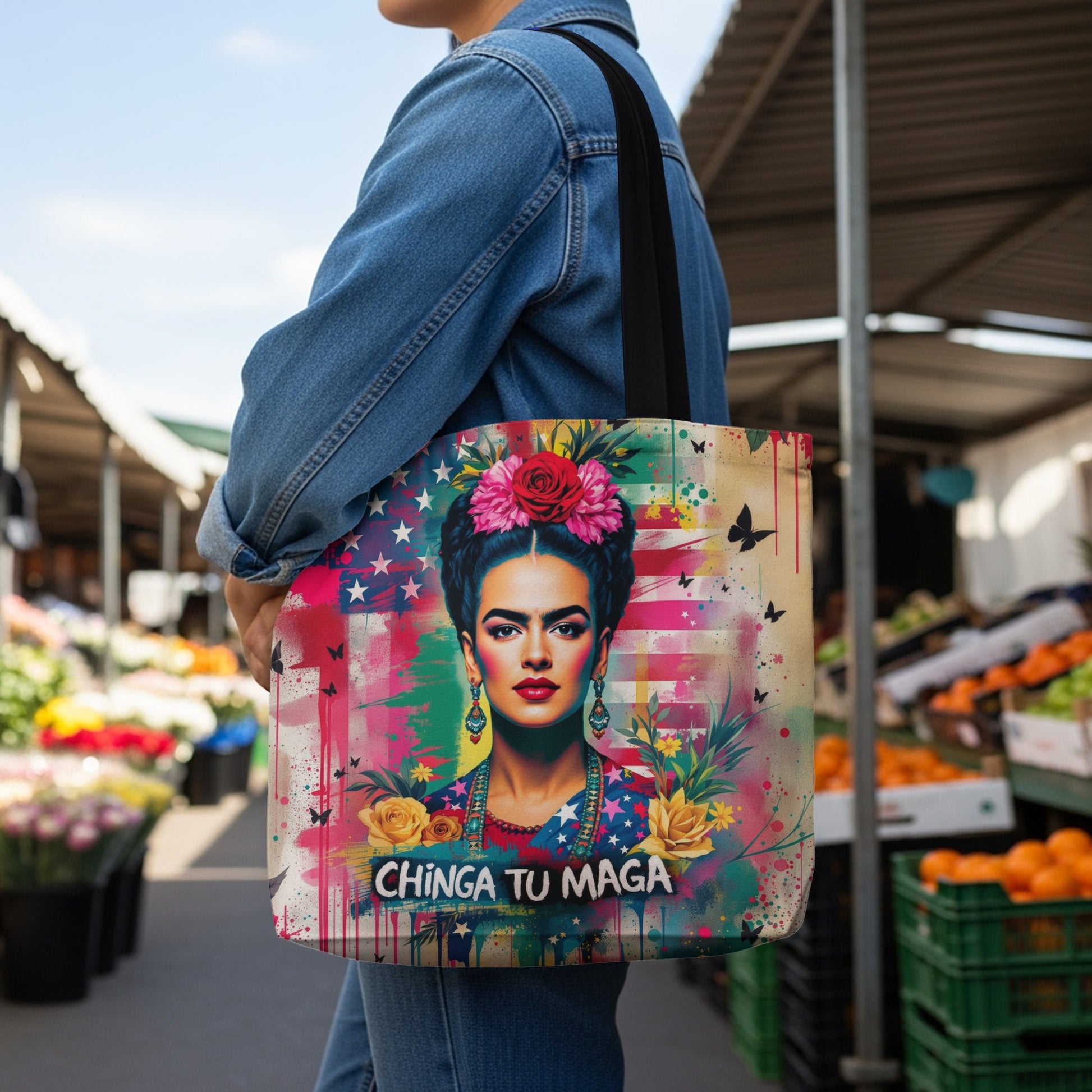 Tote bag featuring Frida Kahlo portrait with US flag and colorful floral accents.