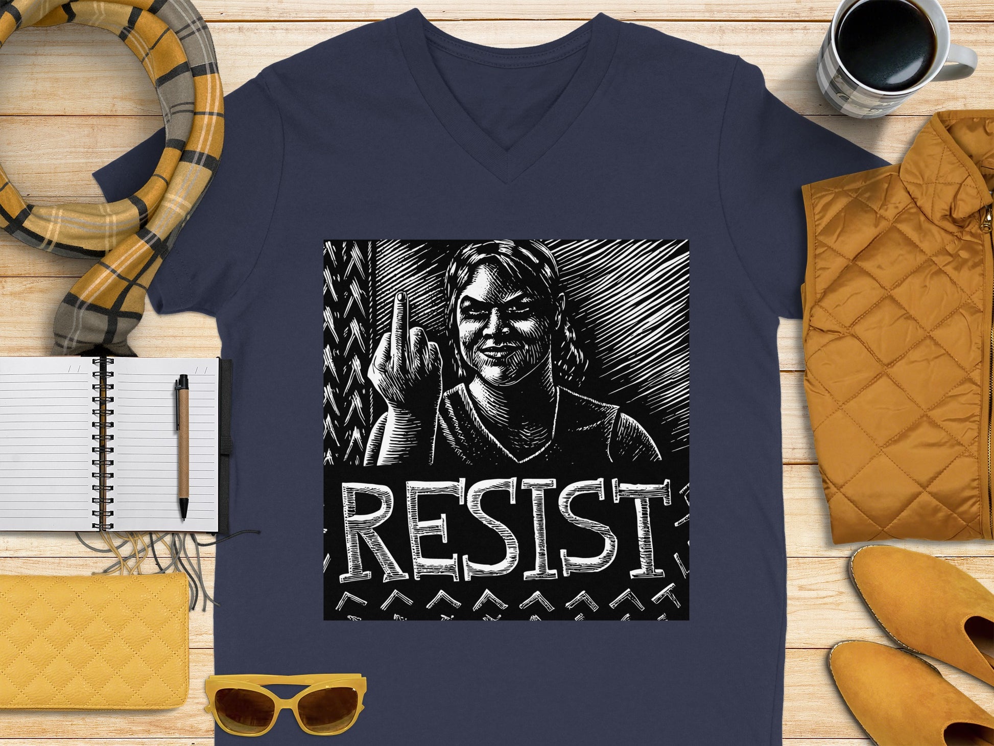 Resist Graphic Design on Blue V-Neck Shirt