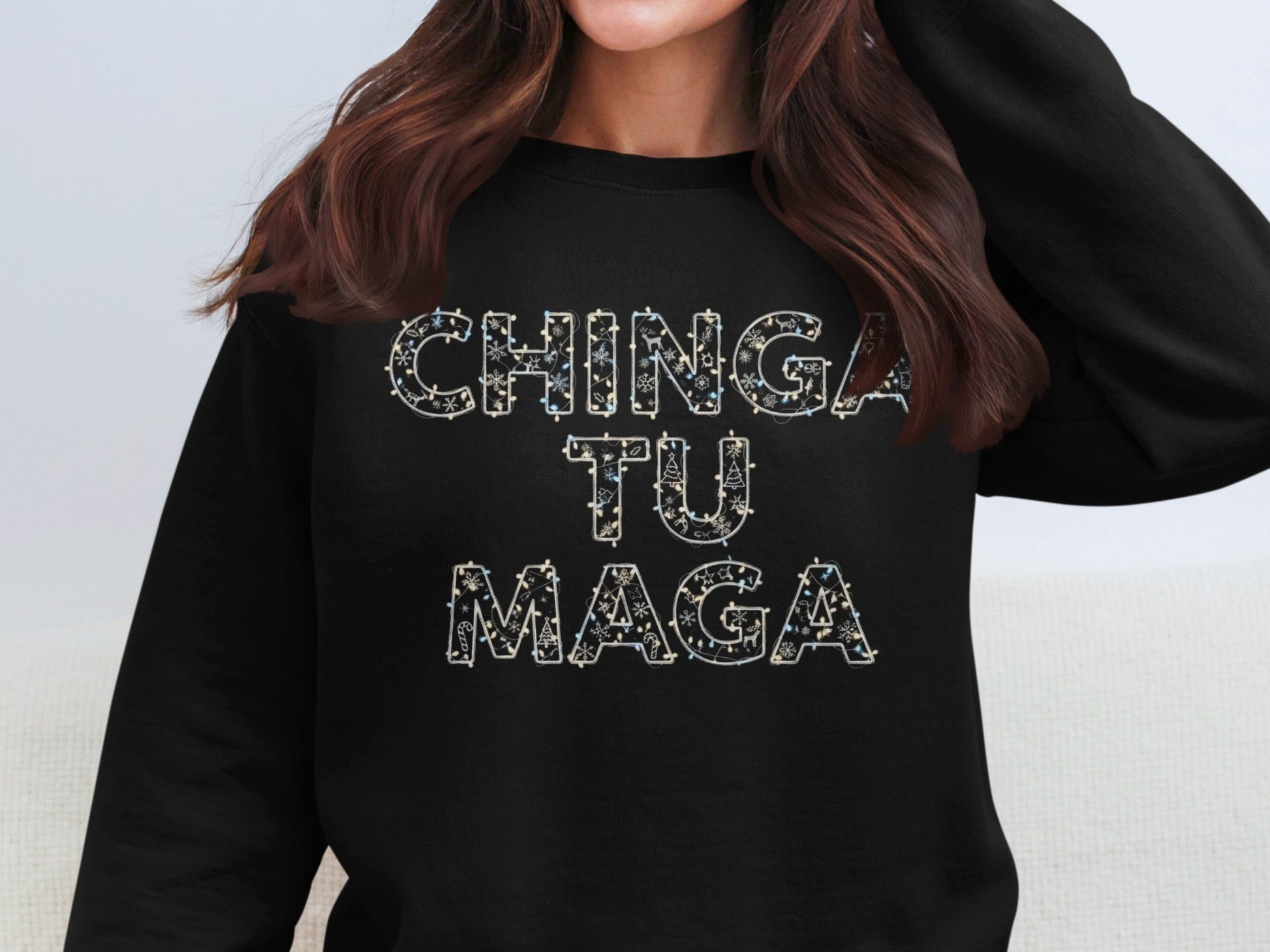 CHINGA TU MAGA design on a black sweatshirt product