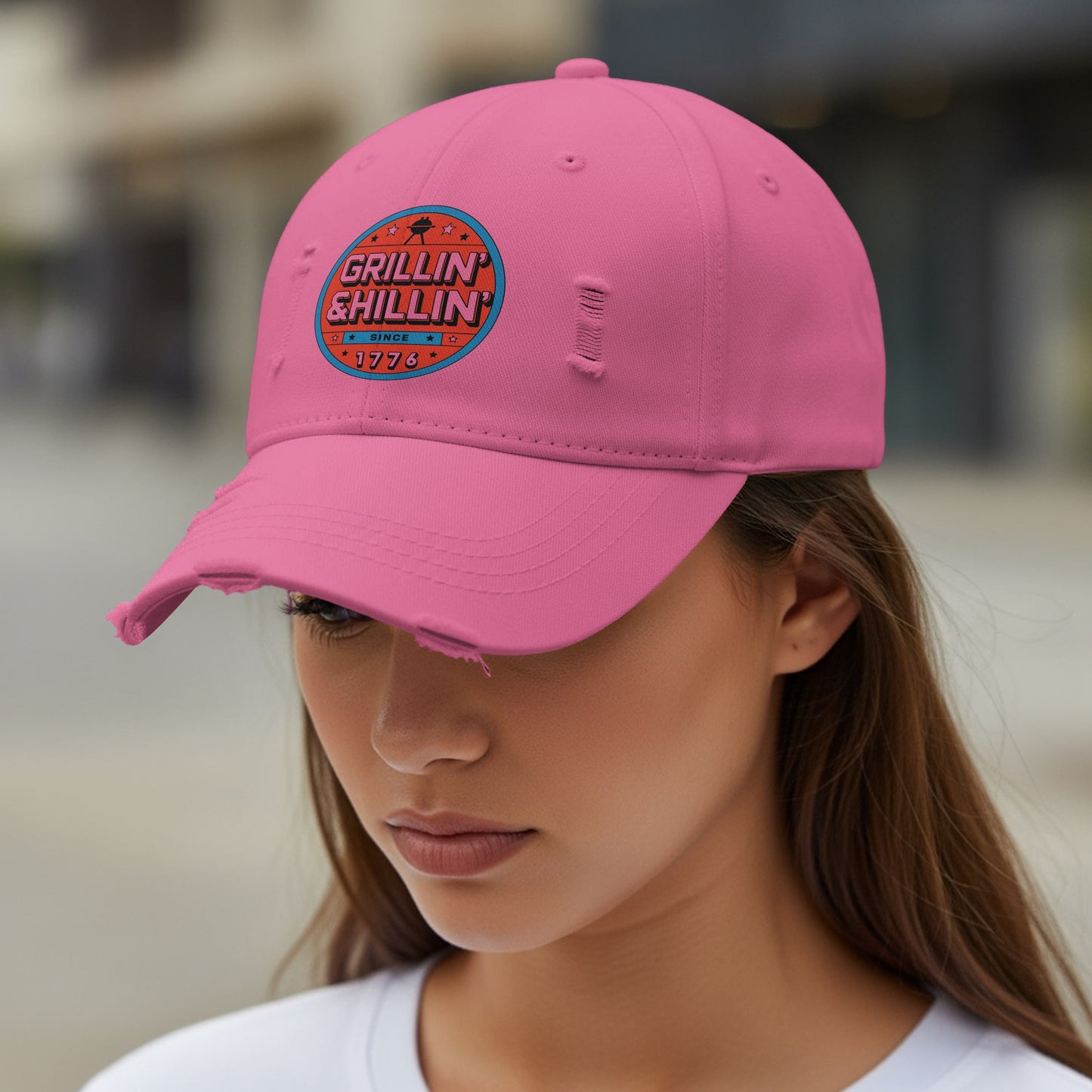 Bright Pink Grillin & Chillin Distressed Hat product