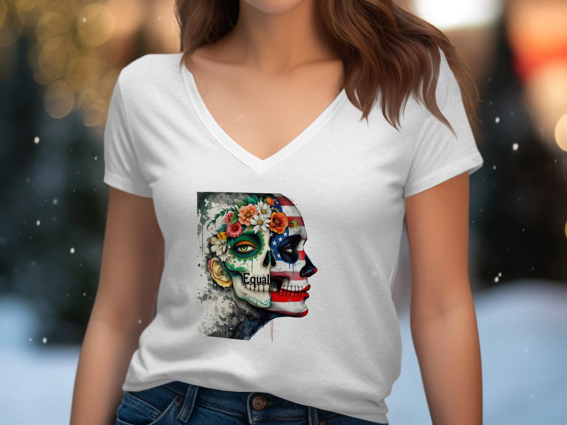 Colorful Skull Design with Flowers Women T-Shirt