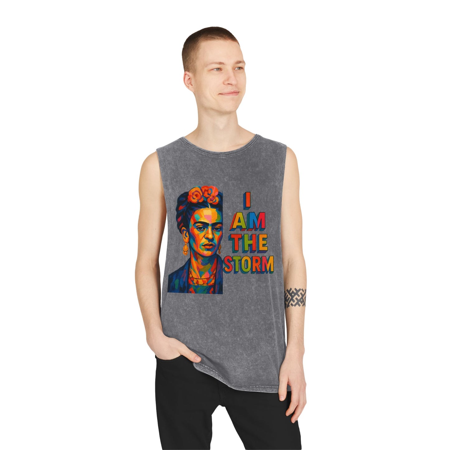 Frida Kahlo Inspired Stonewash Tank Top, Graphic Summer Apparel, I Am The Storm Tee, Bohemian Fashion, Artsy Gift for Her