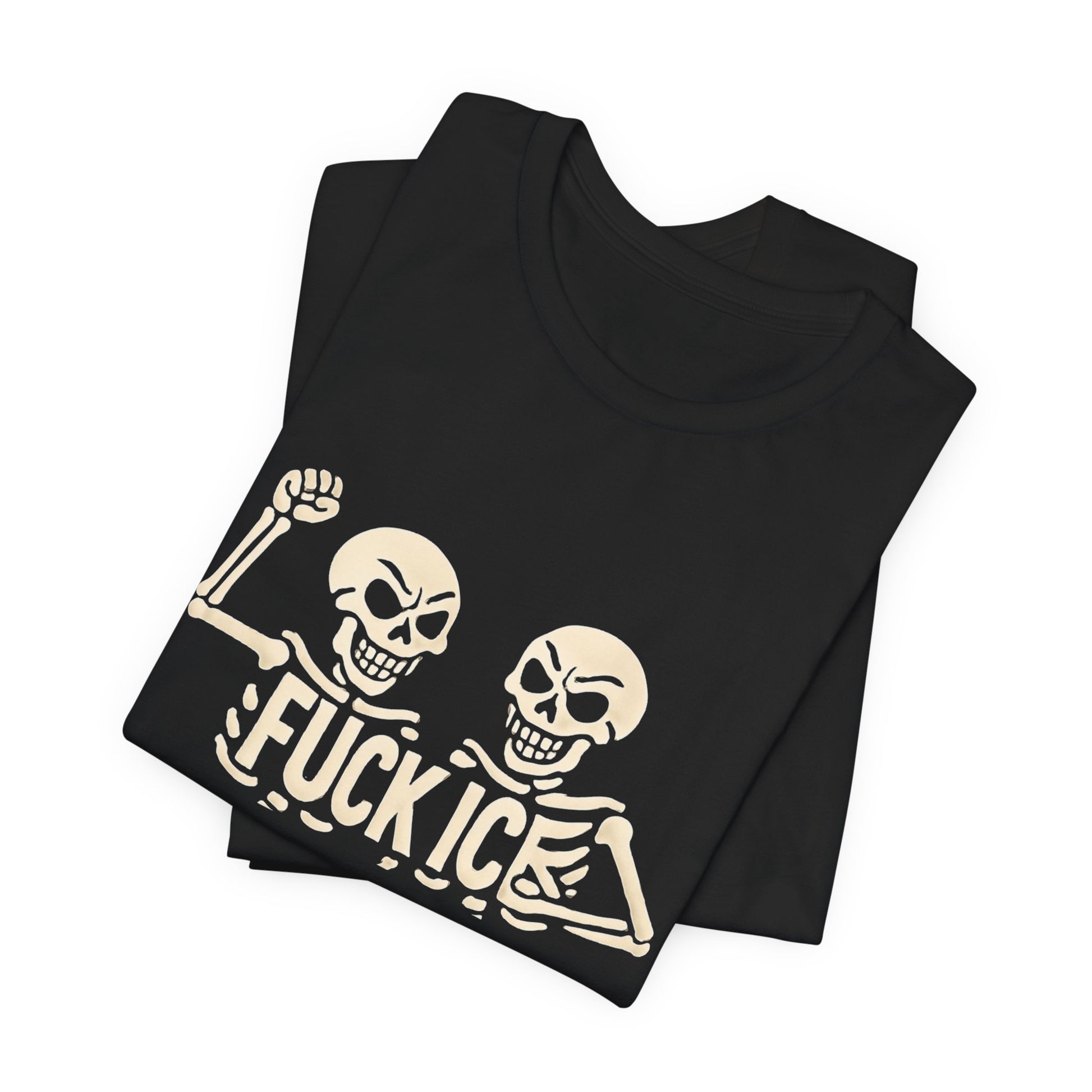 Black t-shirt with two skeleton figures and "FUCK ICE" text.