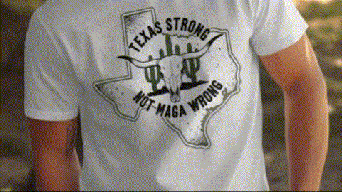 a person wearing a white t-shirt with a graphic design featuring a Texas state map and a bull's head.