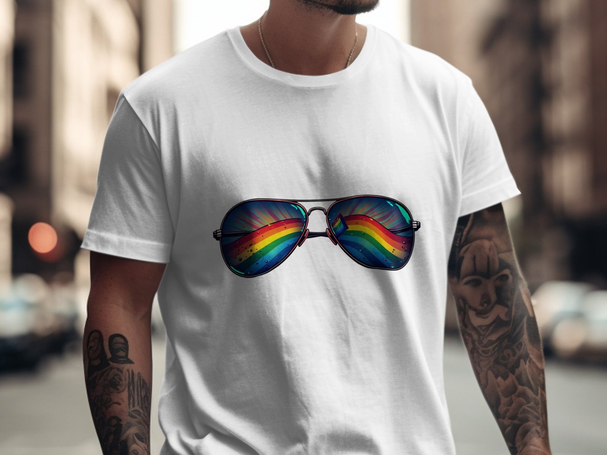 Stylish White T-Shirt with Rainbow Sunglasses product type