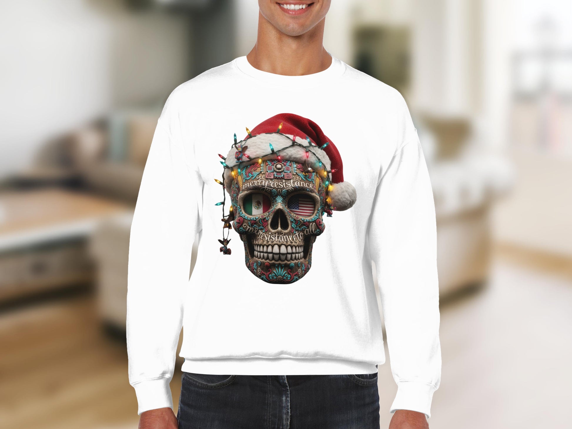 Festive Skull in Santa Hat Unique Holiday Sweatshirt