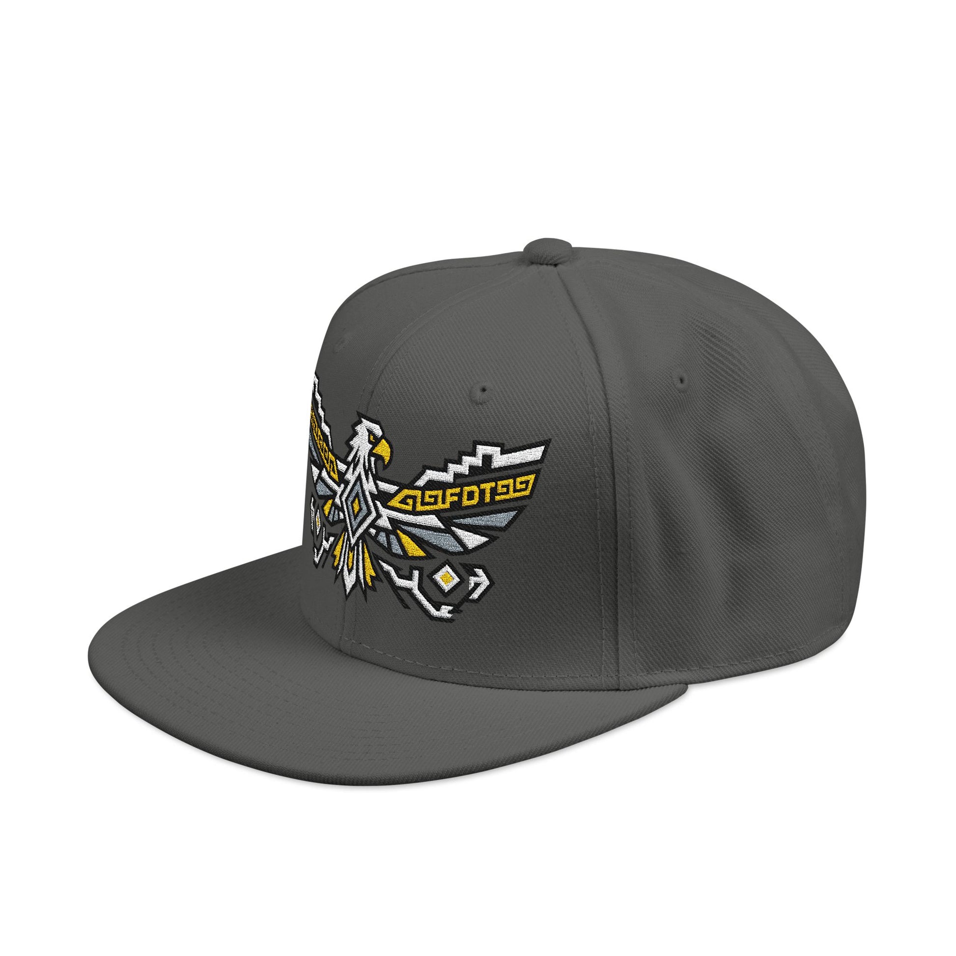 Gray snapback hat with embroidered eagle and text "GG FDT99".