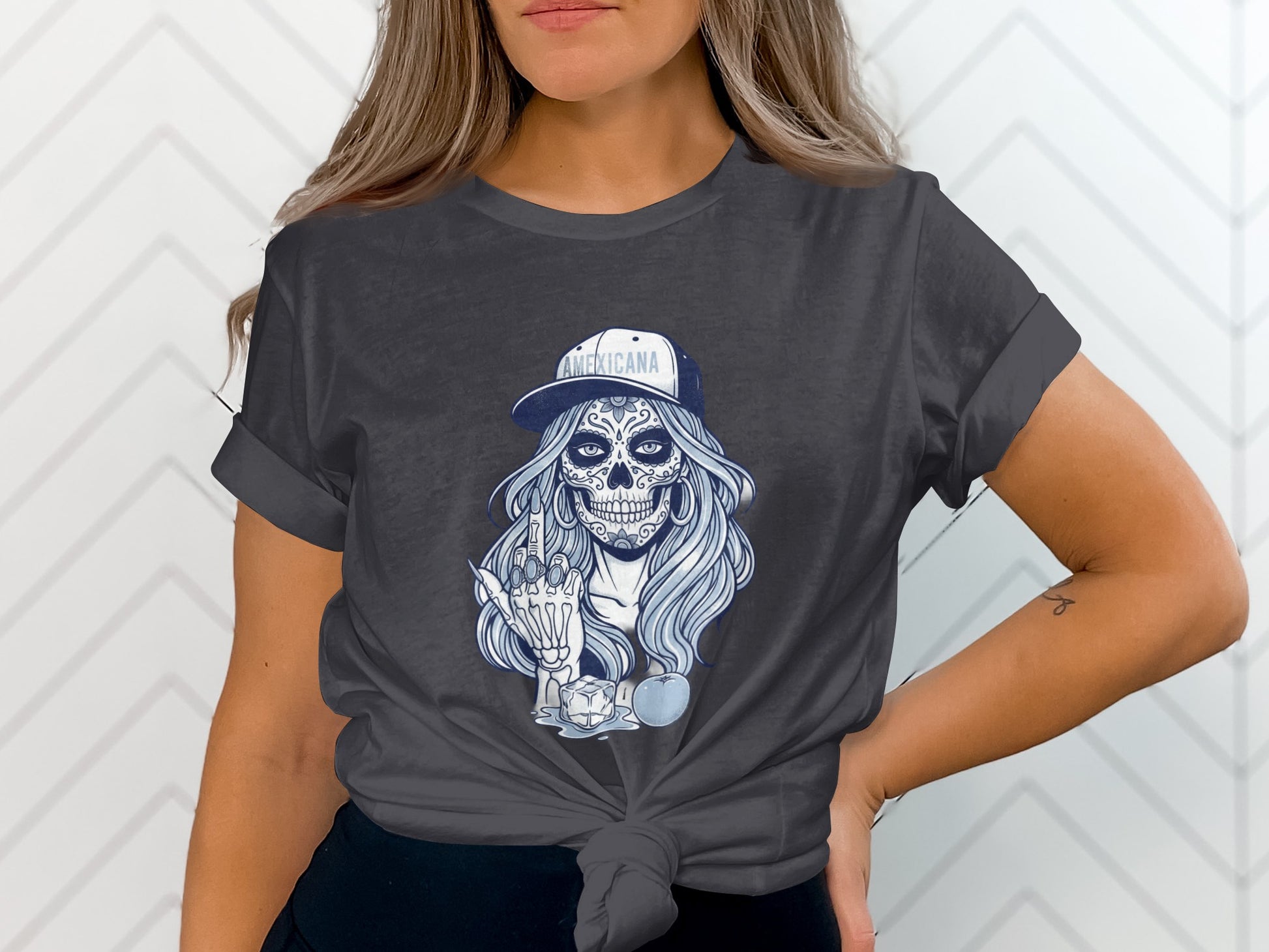 Spooky Americana Hat Skeleton Lady Graphic Tee Shirt