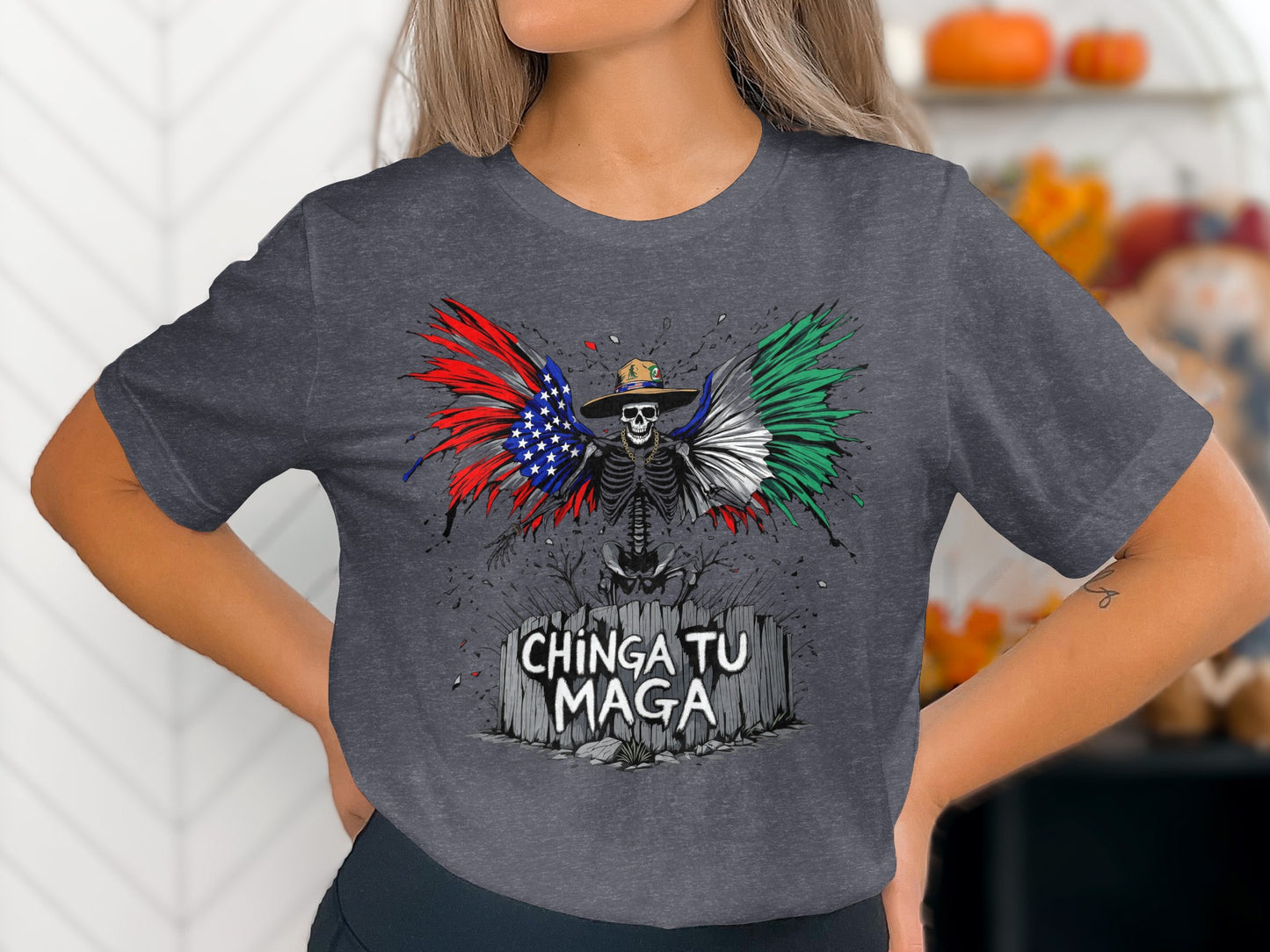 Chinga Tu Maga Graphic Tee with Skeleton Mexican Flag product type
