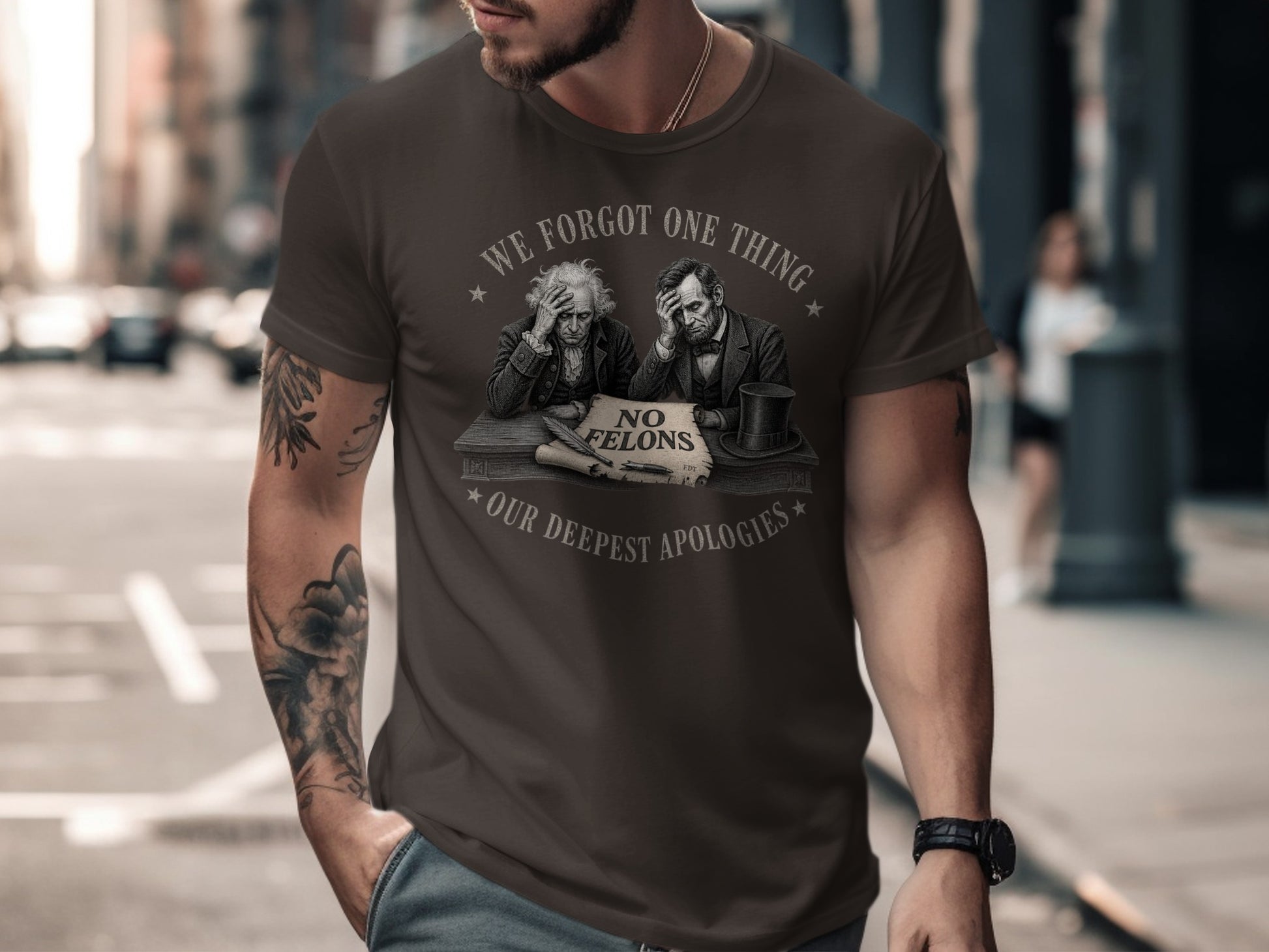 Men's graphic tee with Abraham Lincoln and Ulysses S. Grant imagery and text.