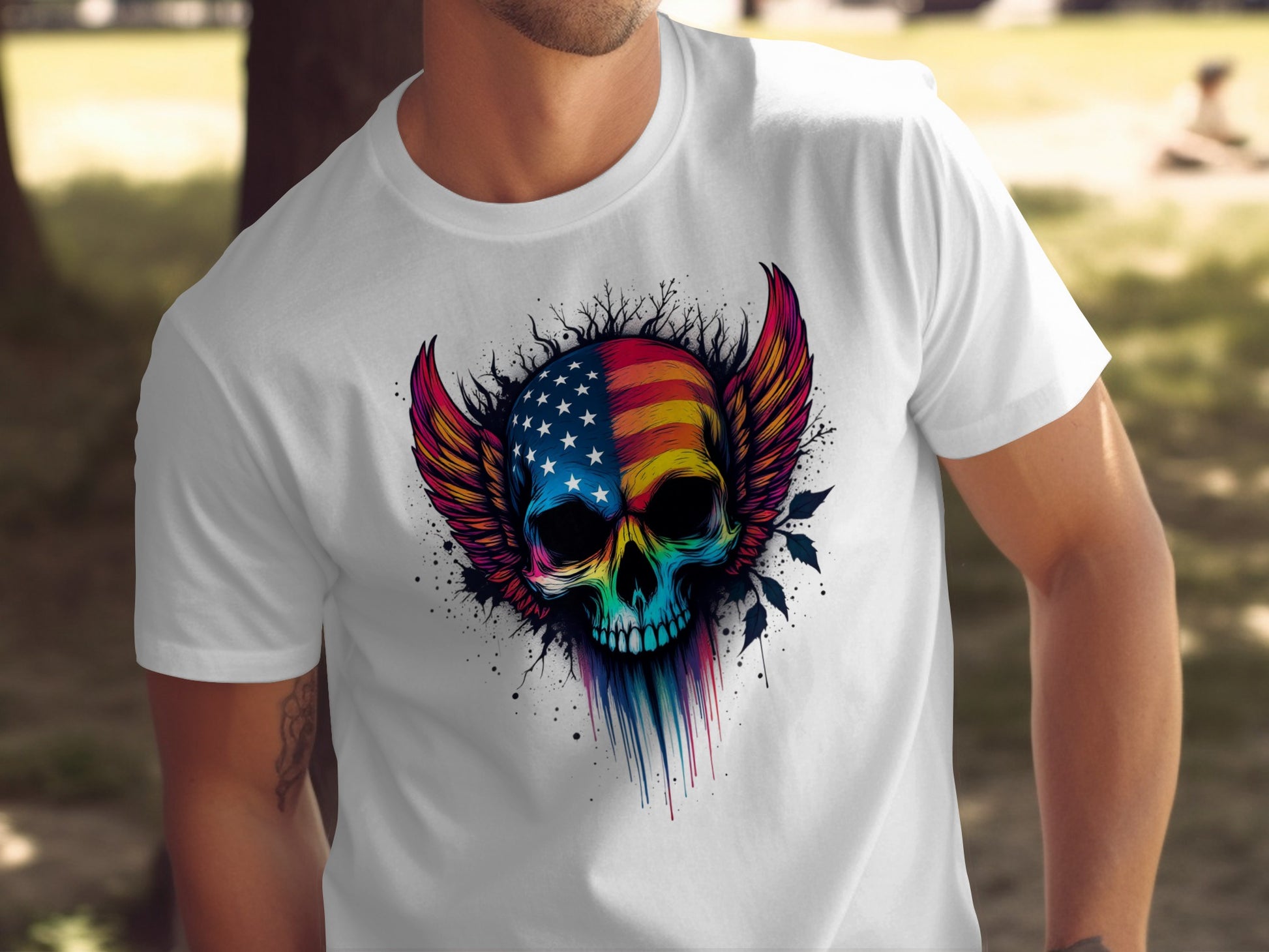 Colorful Winged Skull with American Flag Graphic T-Shirt