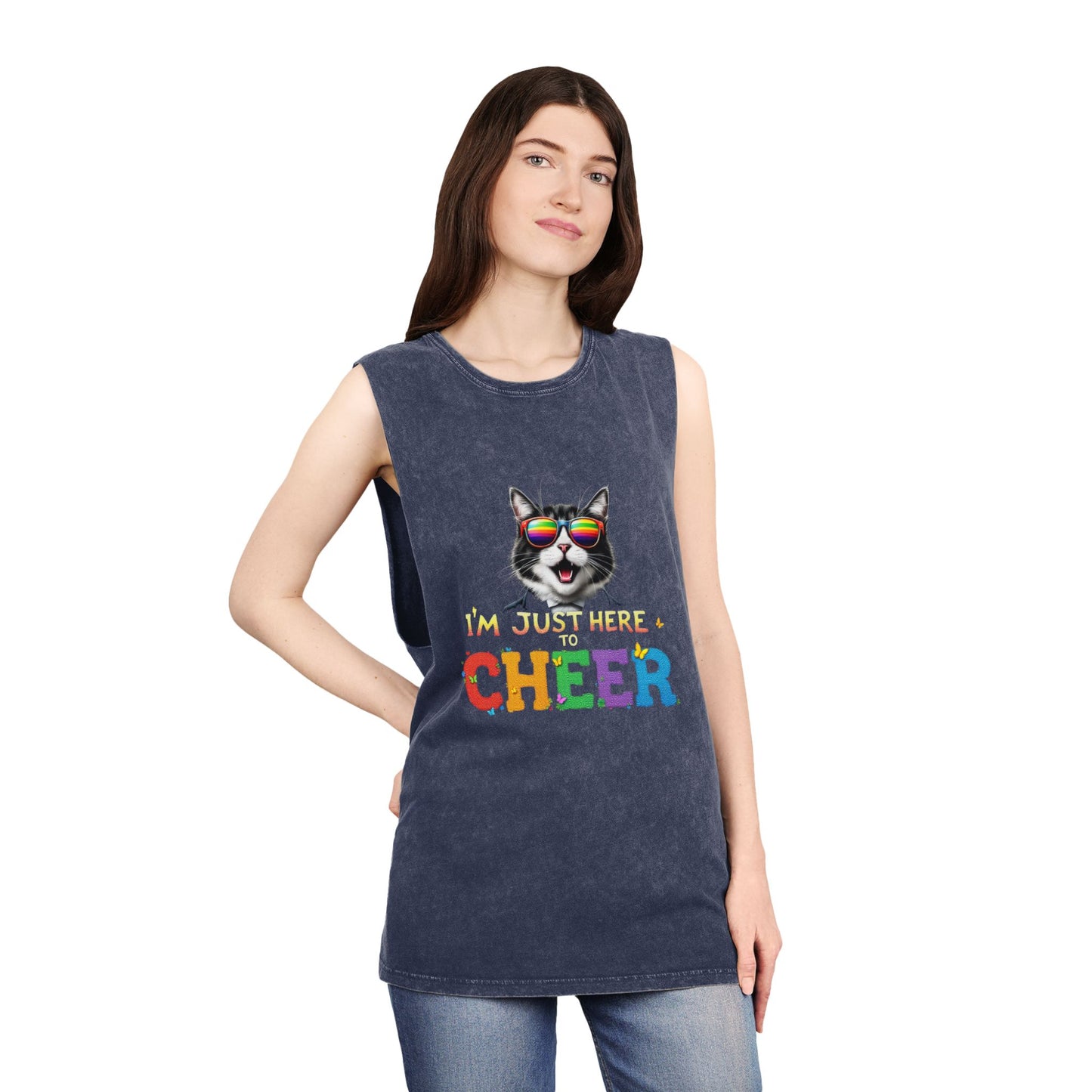 Unisex Stonewash Tank Top - Cheerful Cat Graphic Tee, Summer Fashion, Casual Wear, Gift for Cat Lovers, Fun & Unique Tank