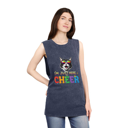 Unisex Stonewash Tank Top - Cheerful Cat Graphic Tee, Summer Fashion, Casual Wear, Gift for Cat Lovers, Fun & Unique Tank