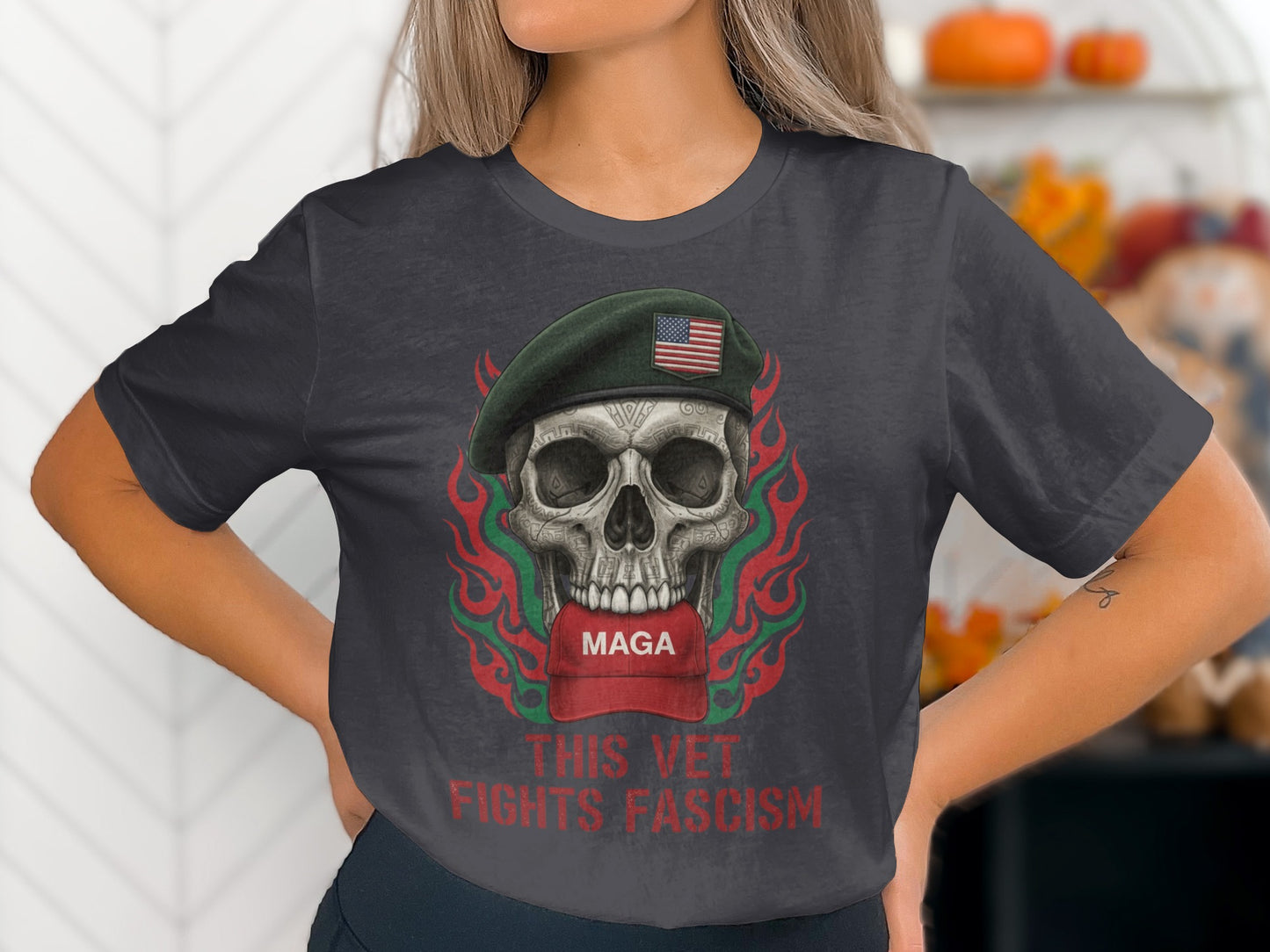 Skull Graphic with Vet Fights Fascism T-Shirt