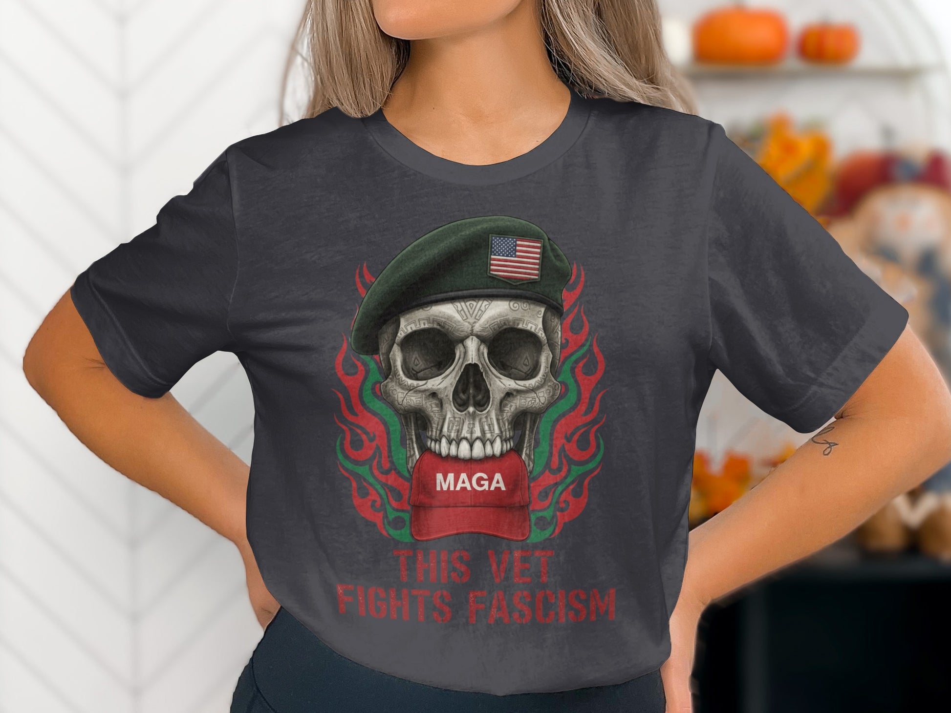 Skull Graphic with Vet Fights Fascism T-Shirt
