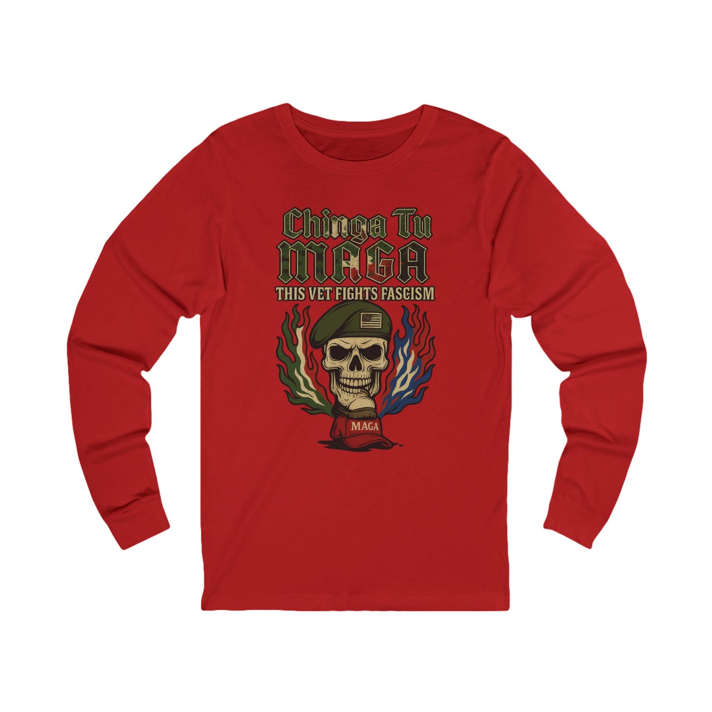 Chinga Tu Maga Skull & Flames Graphic Military Vet Tee Long Sleeve Tee