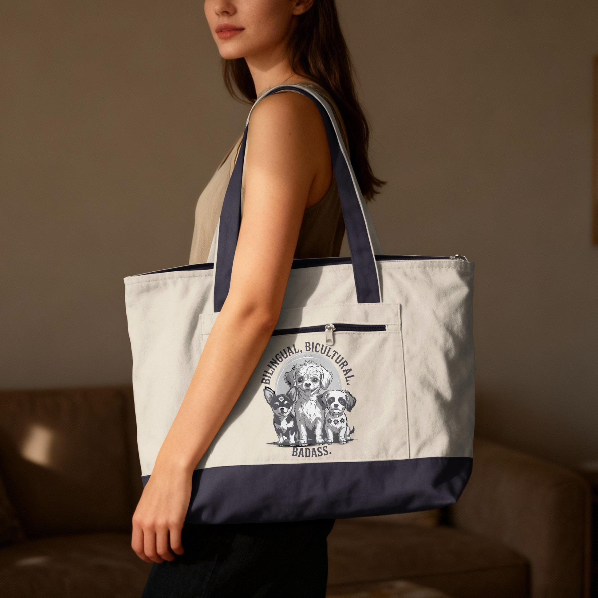 Canvas tote bag with three dogs and text "Bilingual. Bicultural. Badass."