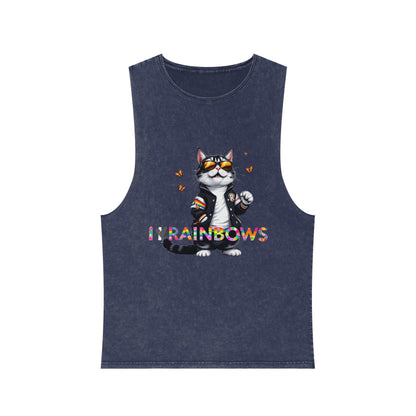 Unisex Stonewash Tank Top - Cute Cat with 'I Love Rainbows' Design