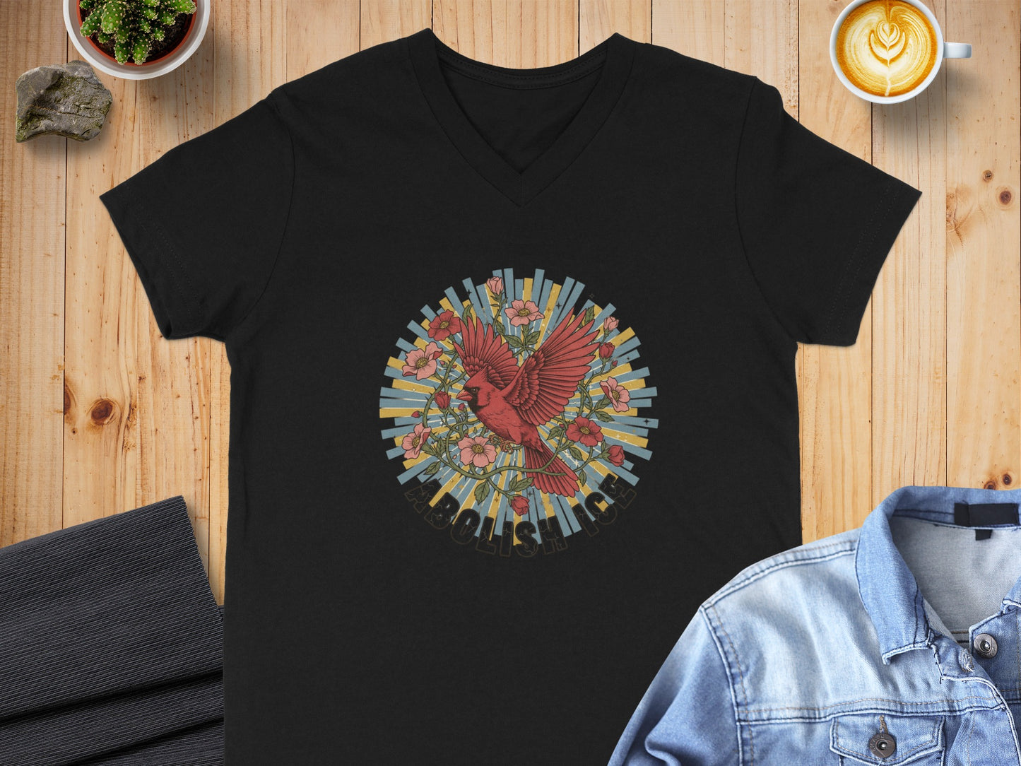 Black V-Neck T-Shirt with Colorful Bird Graphic product